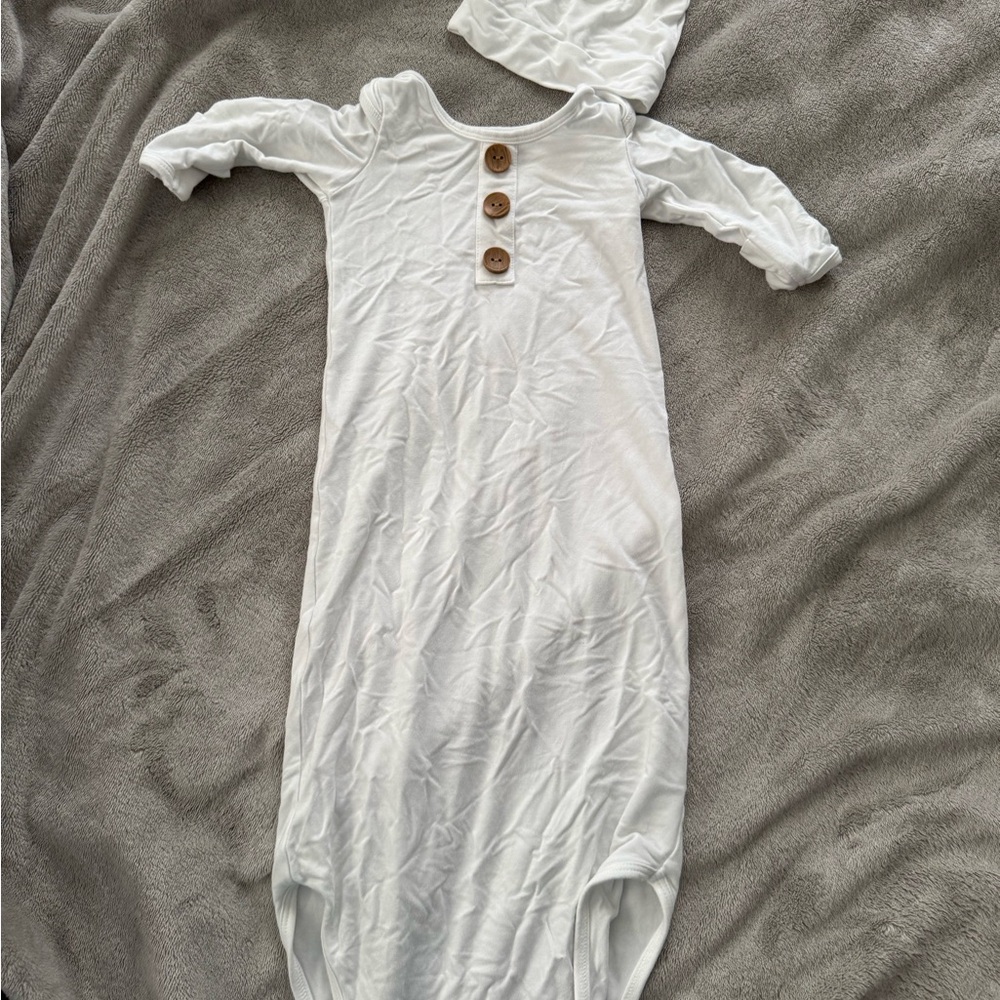 Caden lane White Baby Gown with Hat and Wooden Buttons